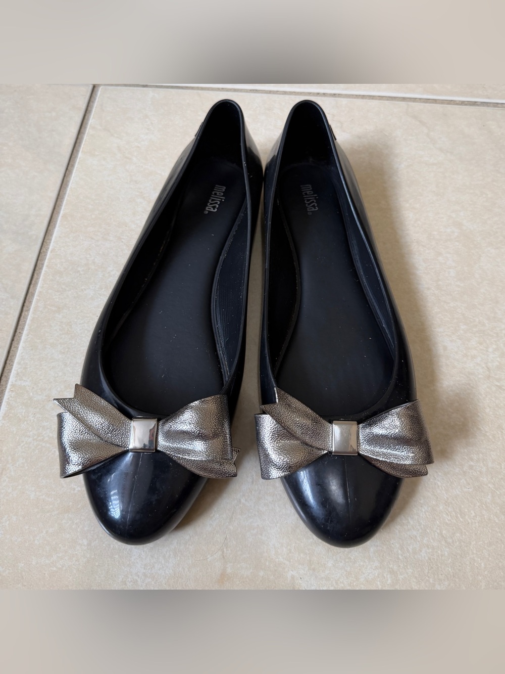 Melissa Doll III Black Jelly Ballet Flats Silver Bow Women's Size 10